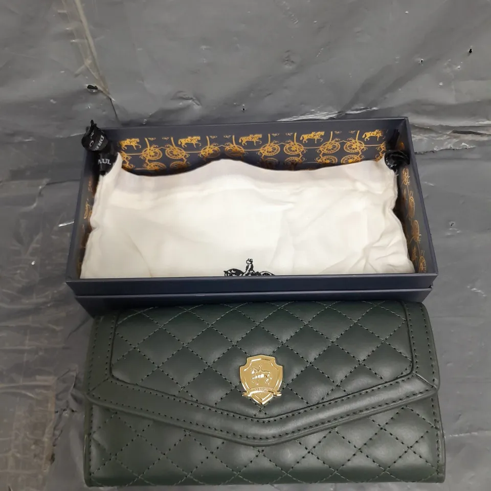 BOXED PAUL COSTELLOE DRESSAGE QUILTED PURSE IN LIGHT FOREST GREEN