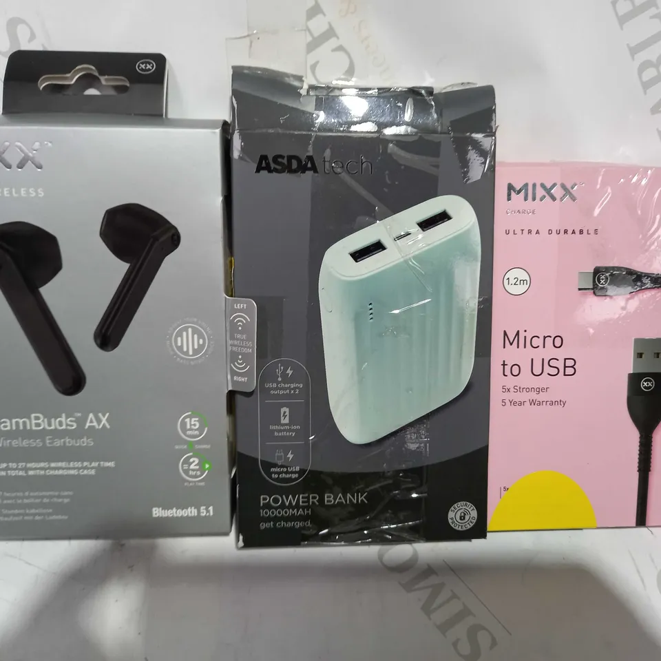 LOT OF APPROXIMATELY 20 ASSORTED HOUSEHOLD ITEMS TO INCLUDE MIXX STREAMBUDS AX TRUE WIRELESS EARBUDS, ASDA TECH POWER BANK, MIXX MICRO TO USB CABLE, ETC