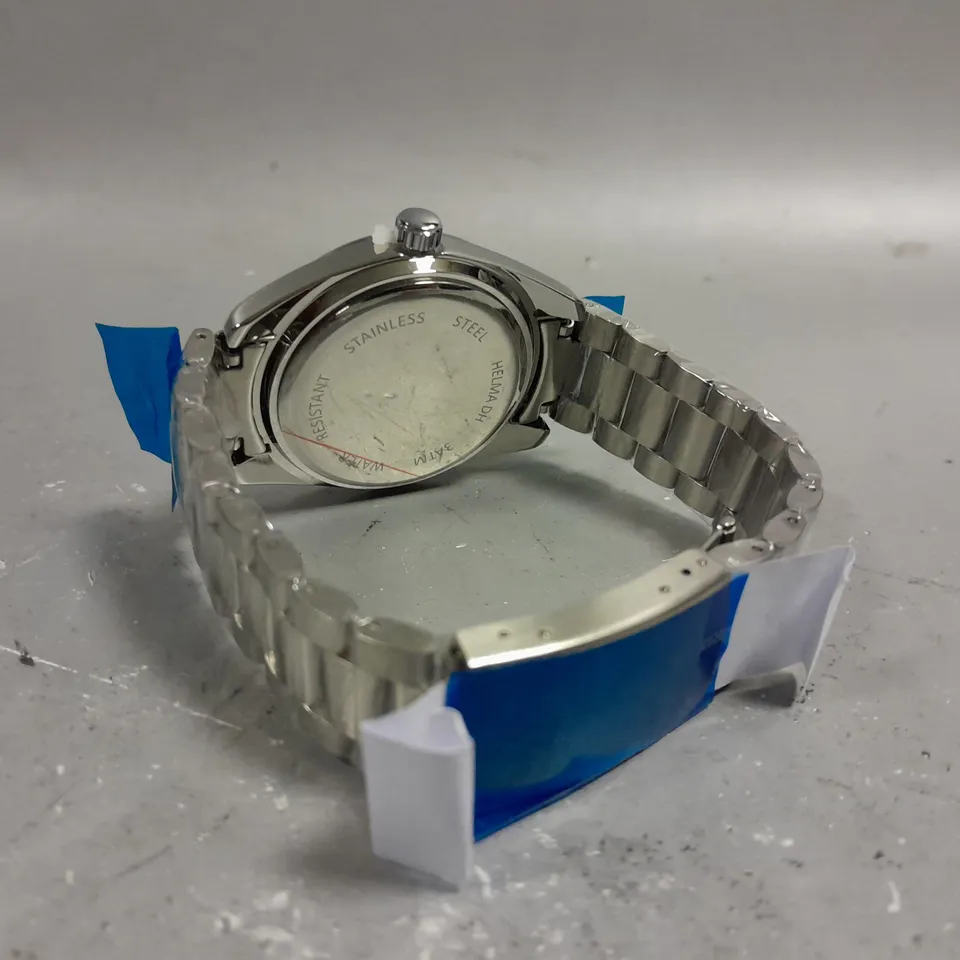 BOXED HELMA DH CHRONOGRAPH WATCH LIGHT BLUE DIAL AND SILVER COLOURED BEZEL