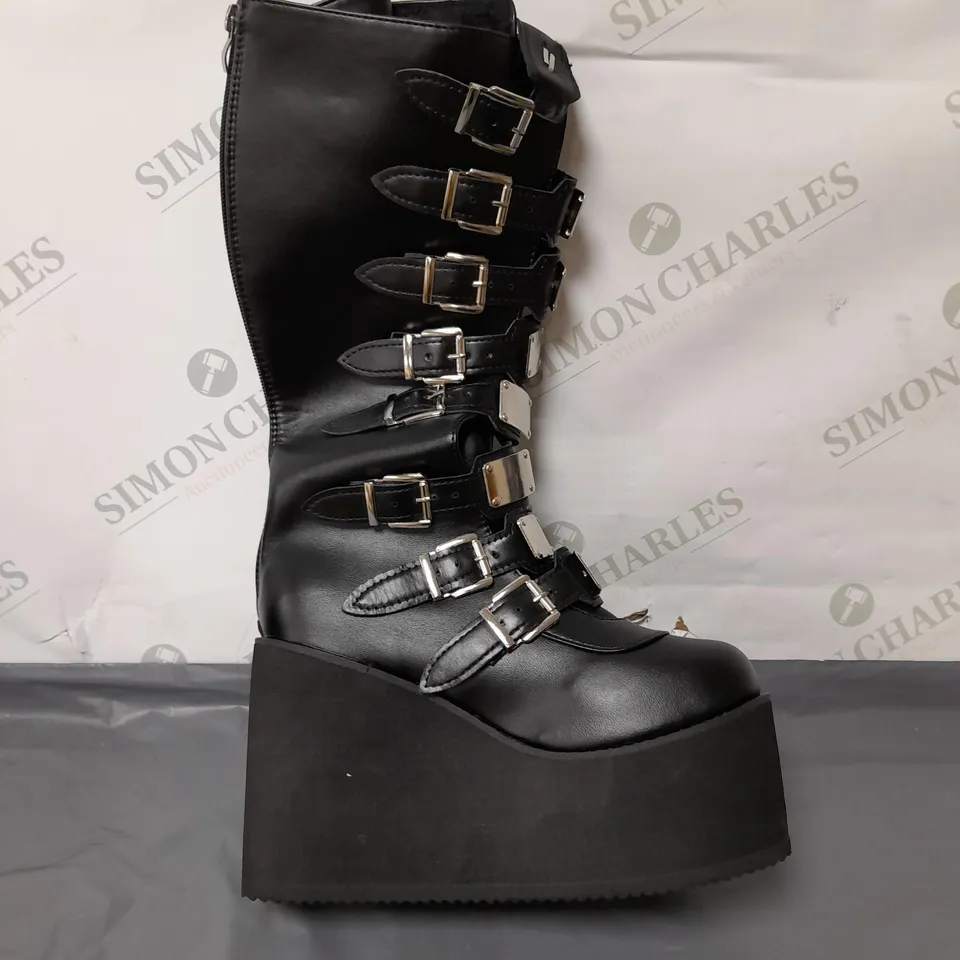 UNBRANDED LADIES KNEE HIGH BLACK BUCKLE WEDGE BOOTS SIZE EU 37