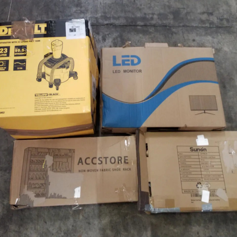 PALLET OF ASSORTED PRODUCTS INCLUDING LED MONITOR, WOODEN COAT RACK, NON-WOVEN FABRIC SHOE RACK, DEWALT SEPARATOR