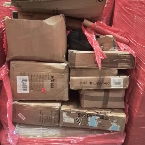 PALLET CONTAINING VARIOUS ASSORTED BOXED HOUSEHOLD ITEMS TO INCLUDE: 2 TIER MULTIFUNCTIONAL GARMENT RACK, ROWING MACHINE, CAMPING CHAIR AND LOTS MORE UNMARKED BOXED ITEMS