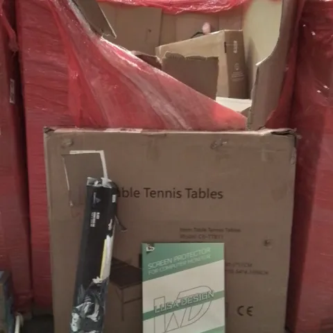 PALLET OF ASSORTED HOUSEHOLD GOODS AND PRODUCTS TO INCLUDE;DESK MAT,TABLE TENNIS TABLE,MONITOR SCREEN PROTECTOR