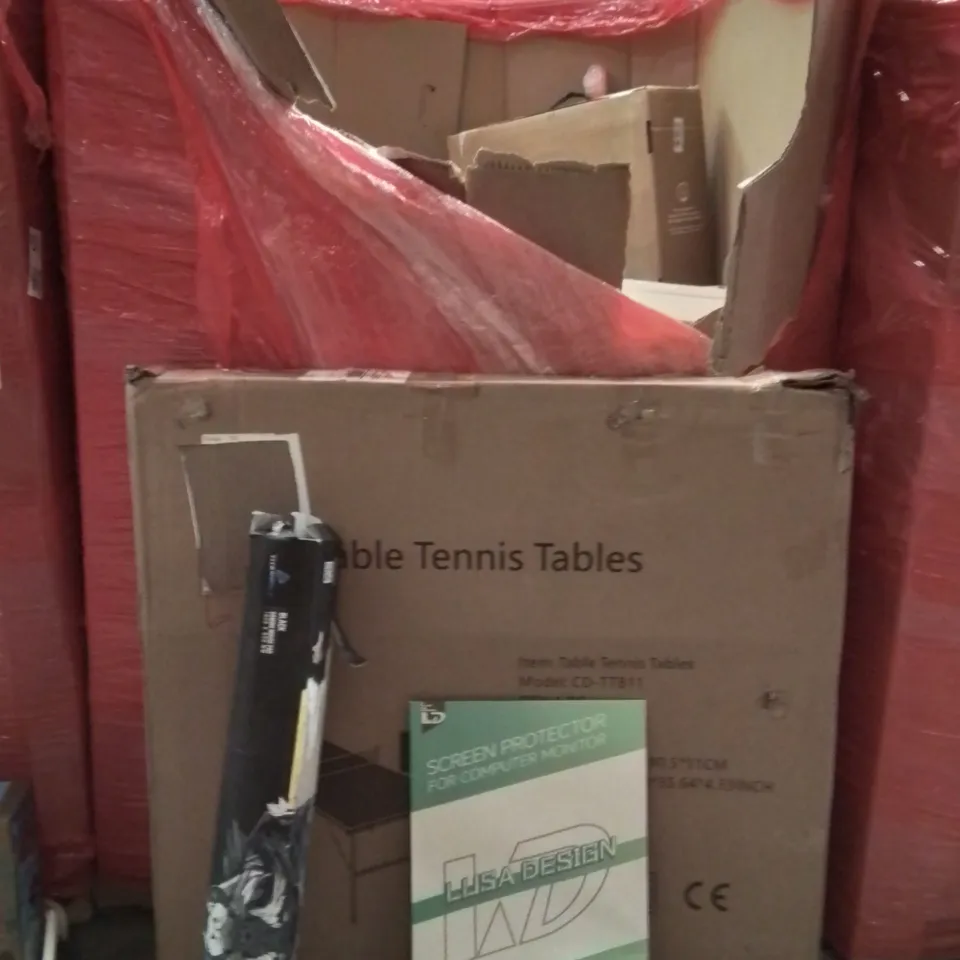 PALLET OF ASSORTED HOUSEHOLD GOODS AND PRODUCTS TO INCLUDE;DESK MAT,TABLE TENNIS TABLE,MONITOR SCREEN PROTECTOR 