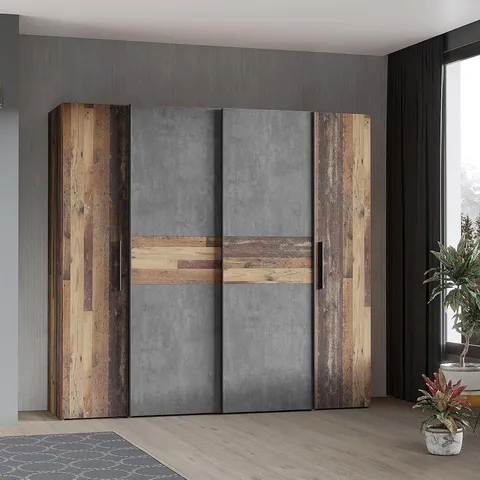 BOXED FORTE KALIXTUS WARDROBE, WOOD MATERIAL, OLD WOOD VINTAGE BOTON LOOK - DARK GREY (4 BOXES)