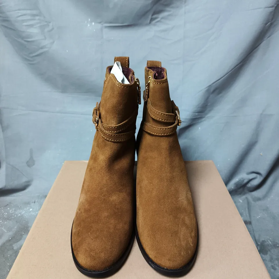 BOXED PAIR OF RADLEY BROWN SUEDE ANKLE BOOT WITH BUCKLE STRAP – SIZE 6