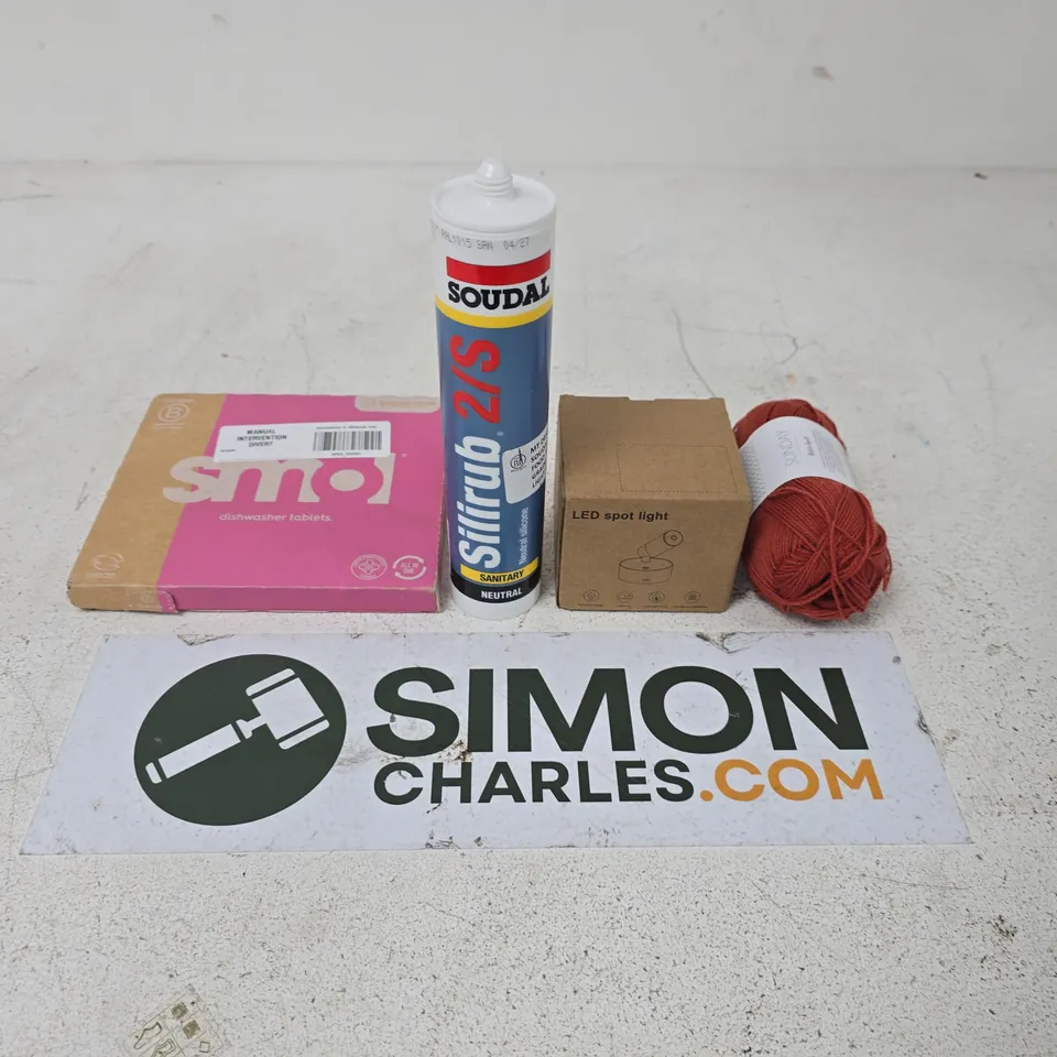 APPROXIMATELY 15 ASSORTED HOUSEHOLD PRODUCTS TO INCLUDE SMOL DISHWASHER TABLETS, SILIRUB 2/S SILICONE AND KNITTING YARN