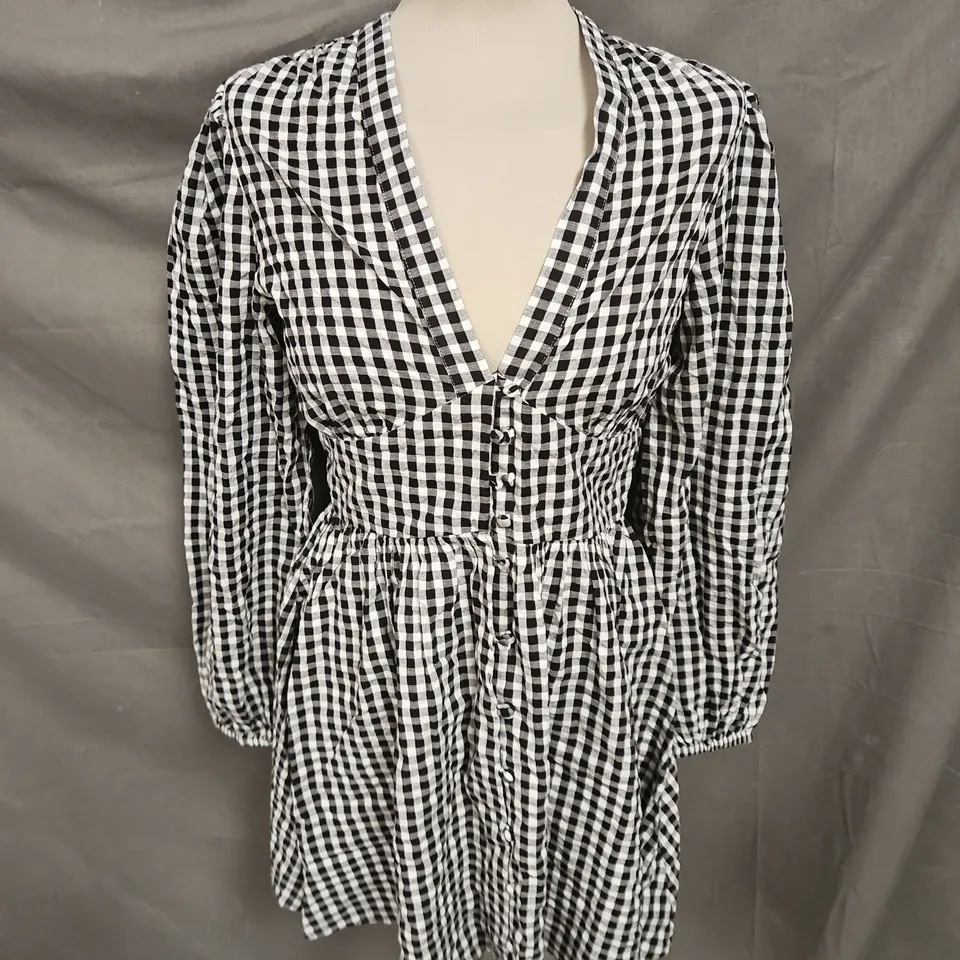 NOBODY'S CHILD STARLIGHT LONG SLEEVE MINI DRESS IN MONO GINGHAM BLACK SIZE 8