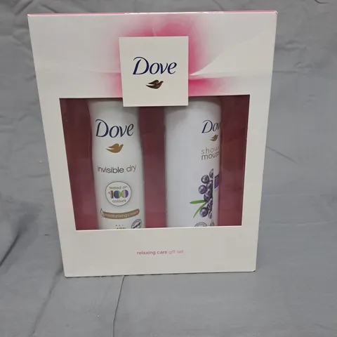 BOX OF APPROXIMATELY 13 DOVE DEODORANT AND SHOWER MOUSSE RELAXING CARE GIFT SET
