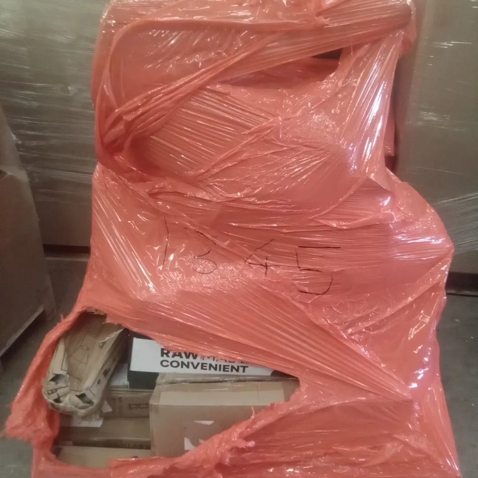 PALLET OF ASSORTED ITEMS INCLUDING PINK DESK CHAIR, PEPE BATH GRAB RAIL, AIR FRYER