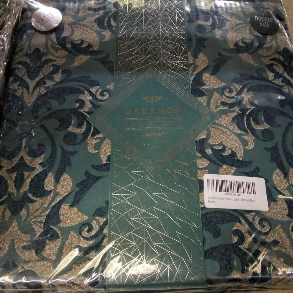 DREAMON HOTEL PREMIUM DAMASK BLUE SATIN BED SHEETS (DOUBLE)
