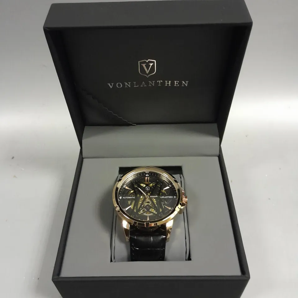 MENS VONLANTHEN AUTOMATIC SKELETON WATCH – V110 - GLASS EXHIBITION BACKCASE – BLACK LEATHER STRAP