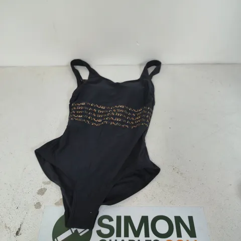 LASCANA BLACK ONE-PIECE SWIMSUIT WITH LEOPARD-PRINT CRISS-CROSS BACK, UK 12 B CUP (EU 38B)