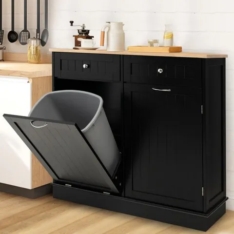 BOXED COSTWAY RUBBER WOOD KITCHEN TRASH CABINET WITH SINGLE TRASH CAN HOLDER AND ADJUSTABLE SHELF - BLACK (1 BOX)