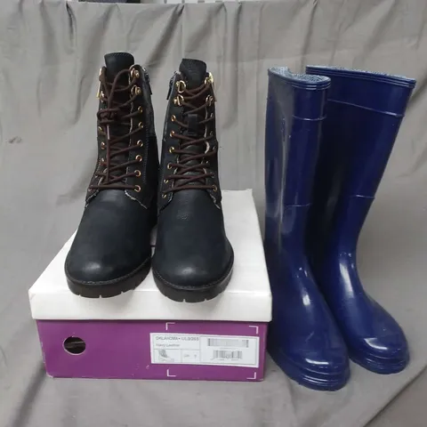 APPROXIMATELY 4 PAIRS OF FOOTWEAR & SHOES TO INCLUDE LOTUS OKLAHOMA BOOTS IN NAVY LEATHER SIZE 6 & OLDCOM WELLIES IN NAVY - SIZE 35/36