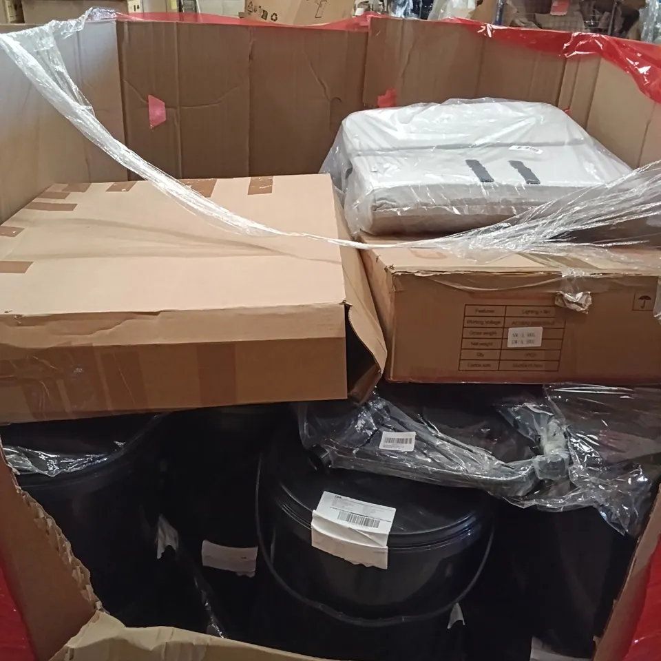 PALLET OF ASSORTED HOUSEHOLD GOODS AND PRODUCTS TO INCLUDE; KICK SCOOTERS, CEILING LIGHT, LARGE QUANTITY OF BUCKETS, BOXED FURNITURE ETC