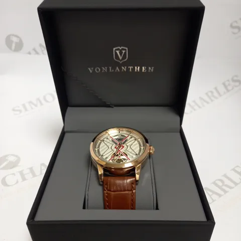 MENS VONLANTHEN AUTOMATIC WATCH – SILVER AND RED TEXTURED DIAL - GLASS EXHIBITION BACKCASE – BROWN LEATHER STRAP