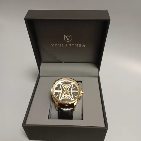 MENS VONLANTHEN AUTOMATIC SKELETON WATCH – V110 - GLASS EXHIBITION BACKCASE – BLACK LEATHER STRAP