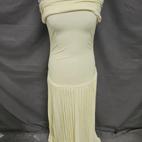 LIONESS BARDOT RUCHED WAIST PLEATED DROP HEM MAXI DRESS IN BUTTER YELLOW SIZE S