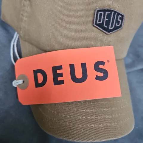 DEUS CAP WITH SHIELD LOGO – TAN COTTON BASEBALL HAT