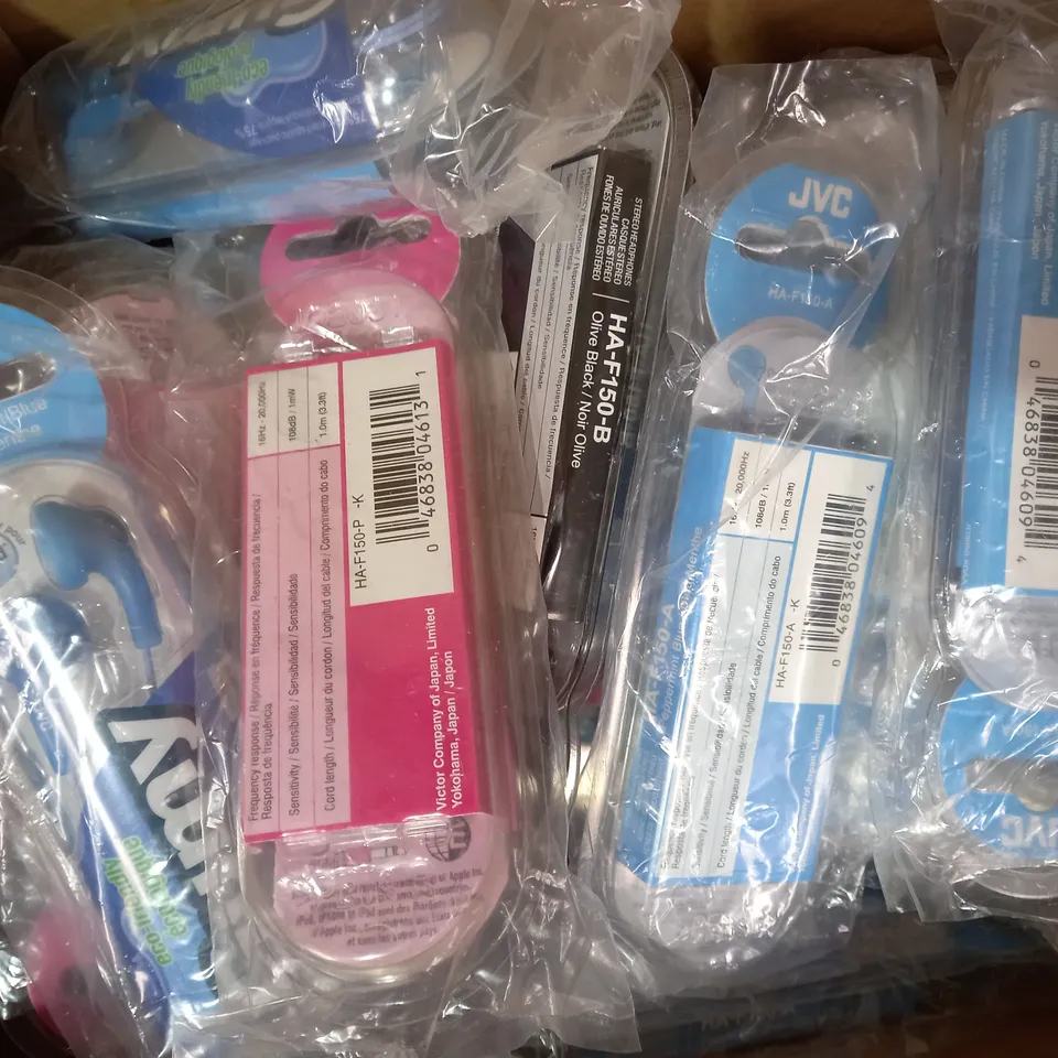 BOX OF APPROXIMATELY 20 ASSORTED JVC GUMY STEREO HEADPHONES IN VARIOUS COLOURS