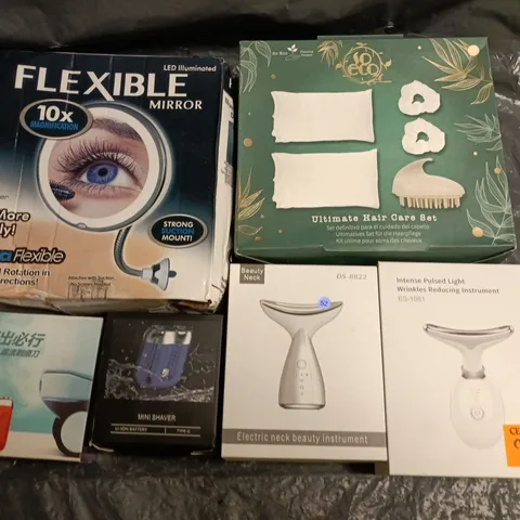 LOT OF 6 ASSORTED HEALTH AND BEAUTY ITEMS TO INCLUDE HAIR CARE SET, FLEXIABLE MIRROR AND MINI SHAVER