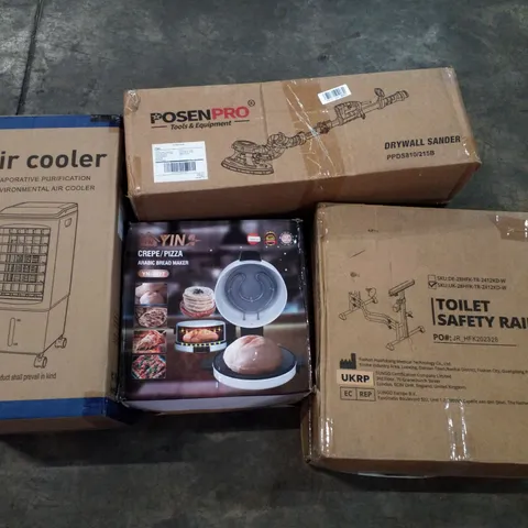 PALLET OF ASSORTED PRODUCTS INCLUDING TOILET SAFETY RAILS, DRYWALL SANDER, AIR COOLER, ARABIC BREAD MAKER, AIR PURIFIER