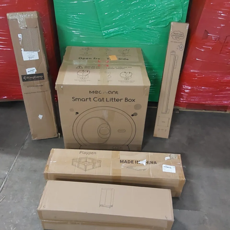 PALLET OF ASSORTED CONSUMER PRODUCTS TO INCLUDE: SMART CAT LITTER BOX, RETRACTABLE SAFETY GATE, PLAYPEN, PORTABLE CLOTHES DRYER ECT
