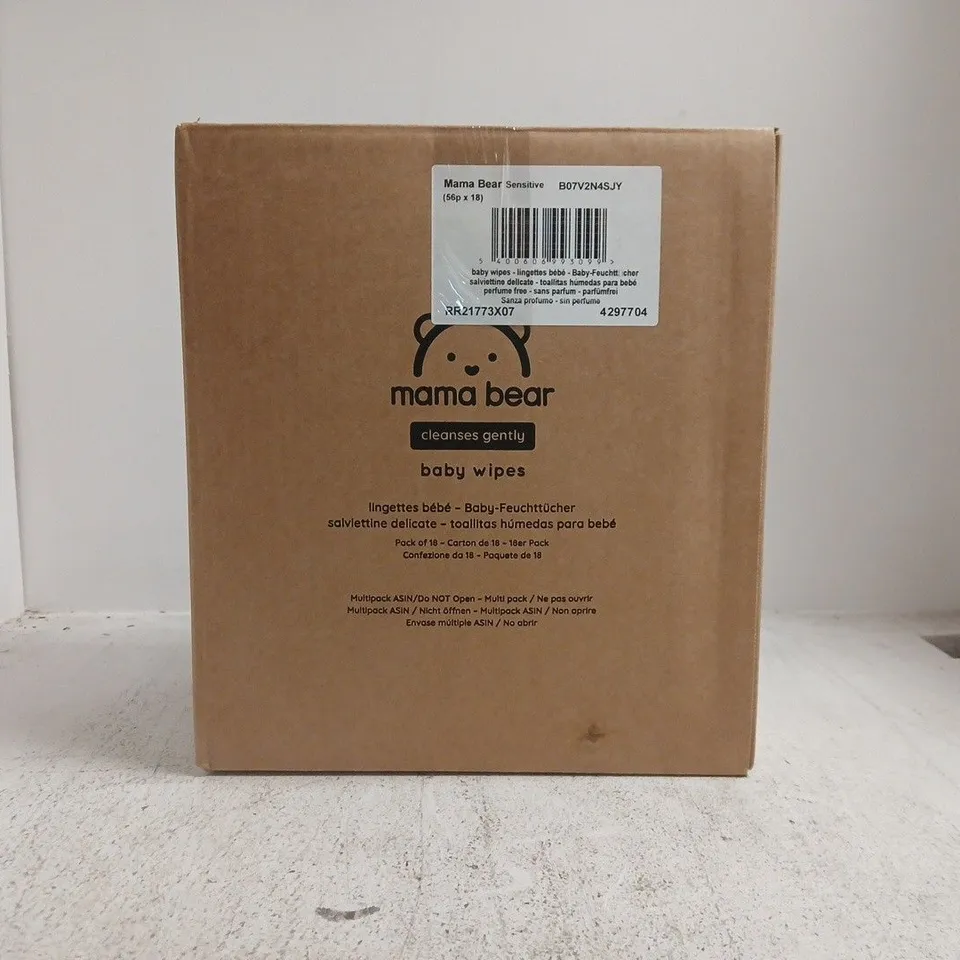 BOX TO CONTAIN APPROXIAMTELY 18 PACKS OF MAMA BEAR SENSITIVE UNSCENTED BABY WIPES (56 WIPES PER PACK)