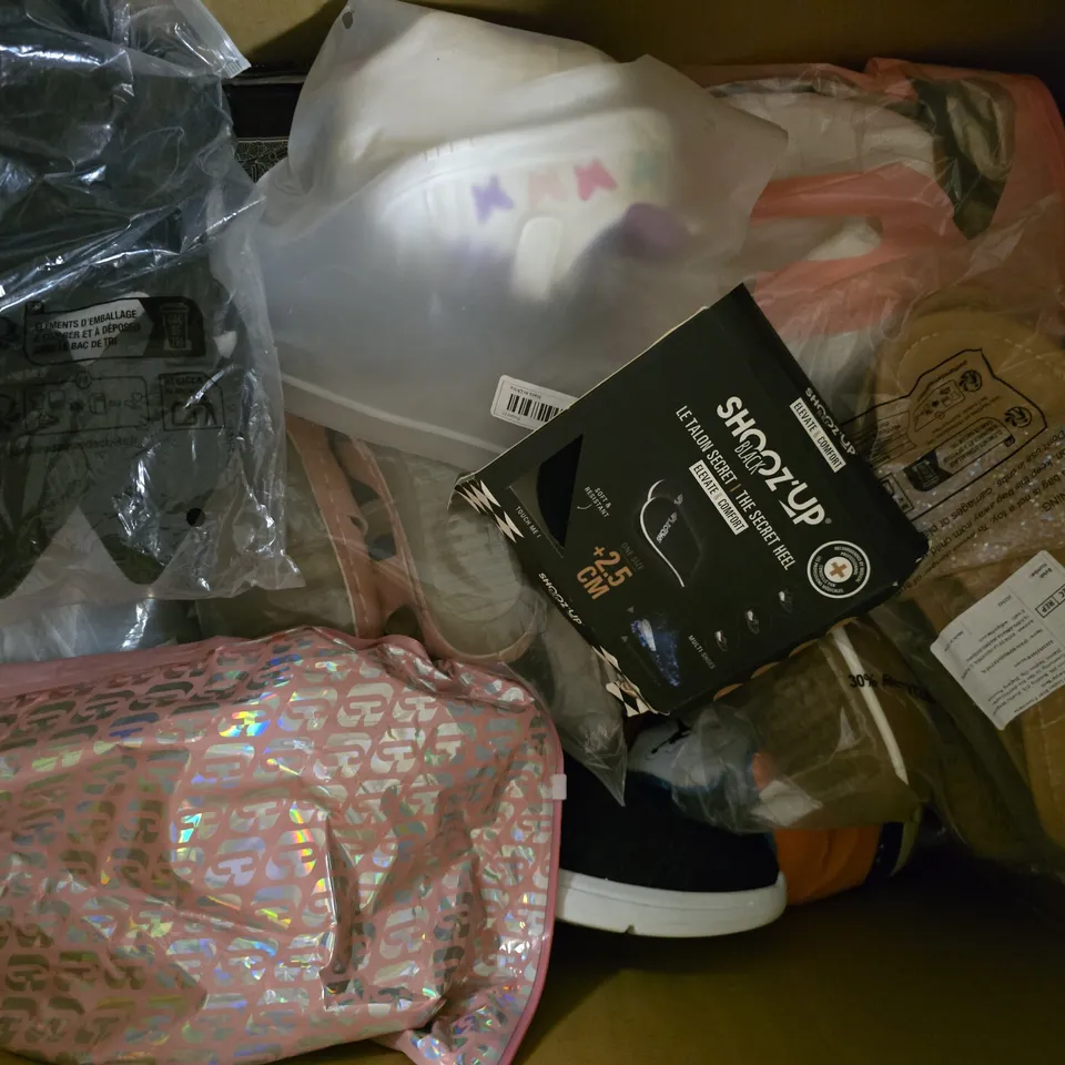 BOX OF APPROXIMATELY 20 ASSORTED PAIRS OF SHOES AND FOOTWEAR ITEMS IN VARIOUS COLOURS, STYLES, AND SIZES - COLLECTION ONLY