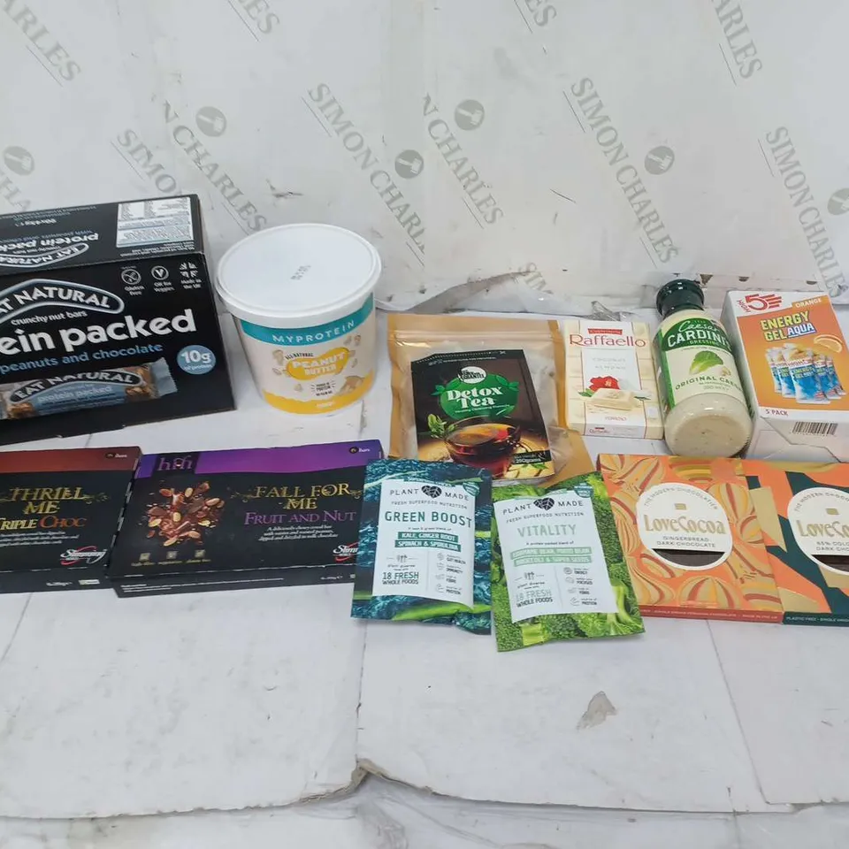 ASSORTED FOOD TOTE TO INCLUDE EAT NATURAL PACK, MP PEANUT BUTTER, AND LOVE COCOA DARK CHOCOLATE ETC.