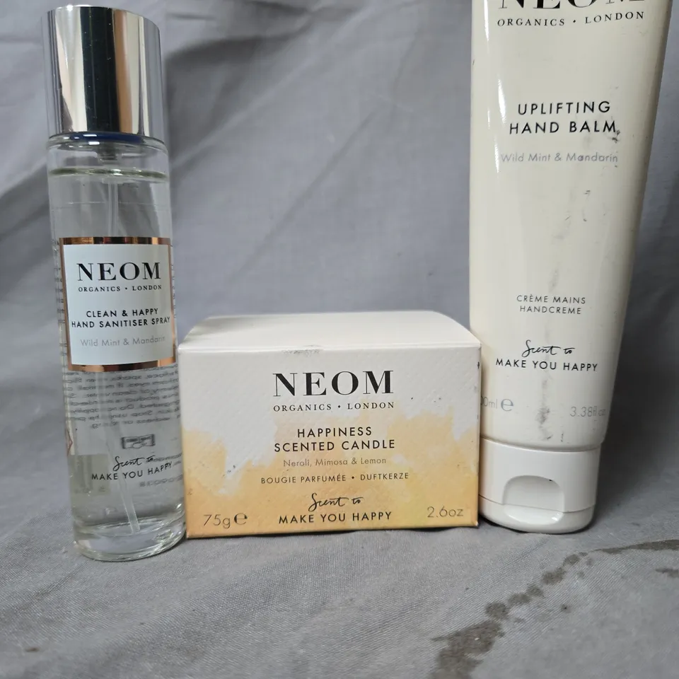 NEOM ORGANICS LONDON SET OF 3 - HAPPINESS SCENTED CANDLE 75G, UPLIFTING HAND BALM, CLEAN & HAPPY HAND SANITISER