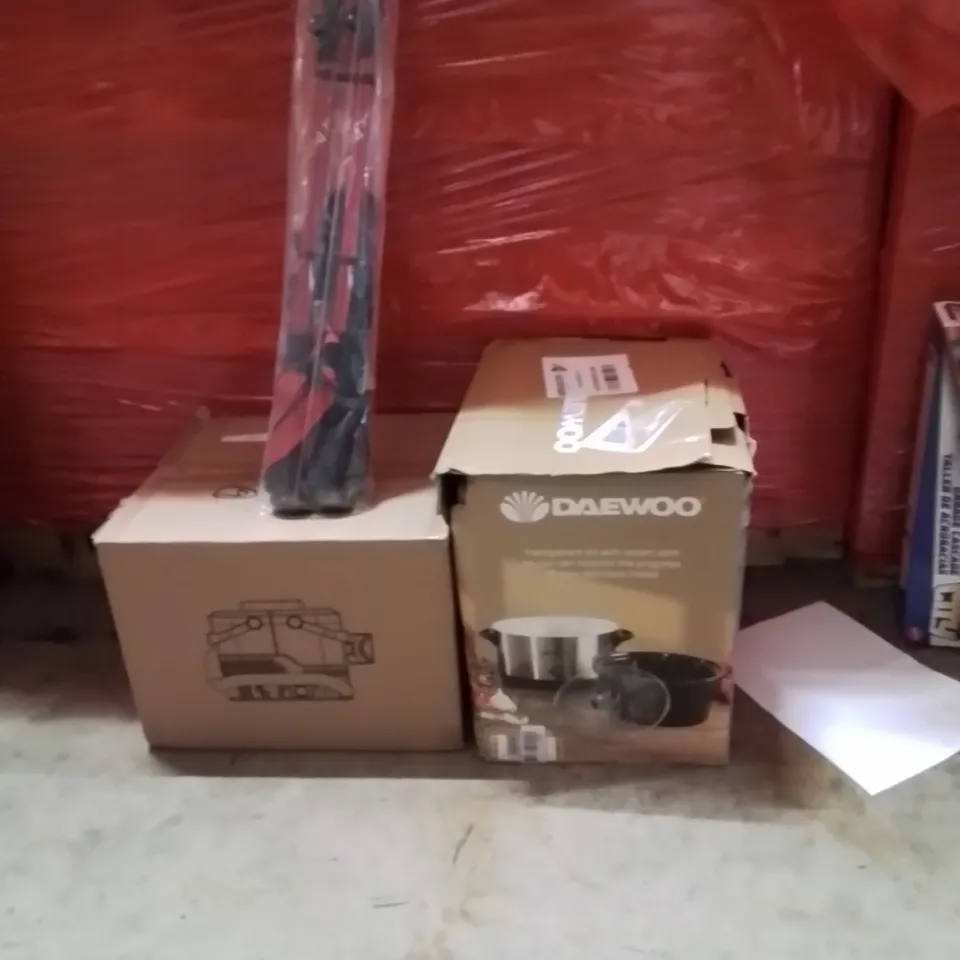 PALLET OF ASSORTED HOUSEHOLD GOODS AND PRODUCTS TO INCLUDE;SLOW COOKER,VACUUM CLEANER,HIKING STICKS