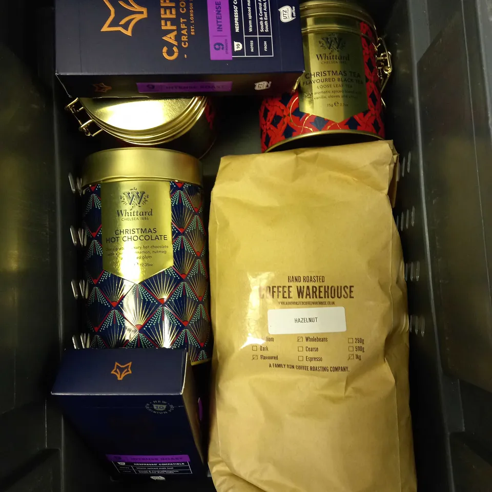 BOX OF APPROXIMATELY 10 ASSORTED TEA & COFFEE PRODUCTS TO INCLUDE WHITTARD INSTANT TEA, WHITTARD MEDIUM ROAST COFFEE, CAFEPOD CAPSULES ETC 