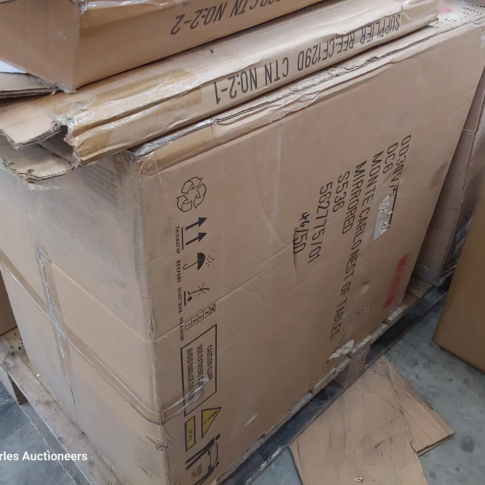 PALLET OF ASSORTED BOXED FURNITURE PARTS INCLUDING MIRRORED NEST OF TABLES, DINING TABLE PARTS, CHRISTMAS TREE.