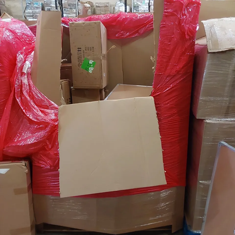 PALLET OF ASSORTED HOUSEHOLD ITEMS AND CONSUMER PRODUCTS. INCLUDING SIDE TABLE, AUTOMATIC LITTER BOX, ALUMINIUM LADDER, NOTICE BOARDS ETC