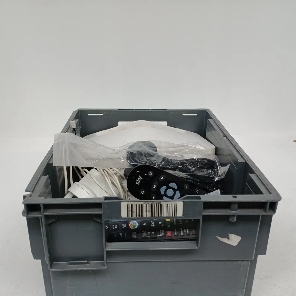 TOTE OF APPROXIMATELY 18 ASSORTED ITEMS TO INCLUDE SKY ROUTER, SKY REMOTE CONTROLS, POWER SUPPLIES ETC