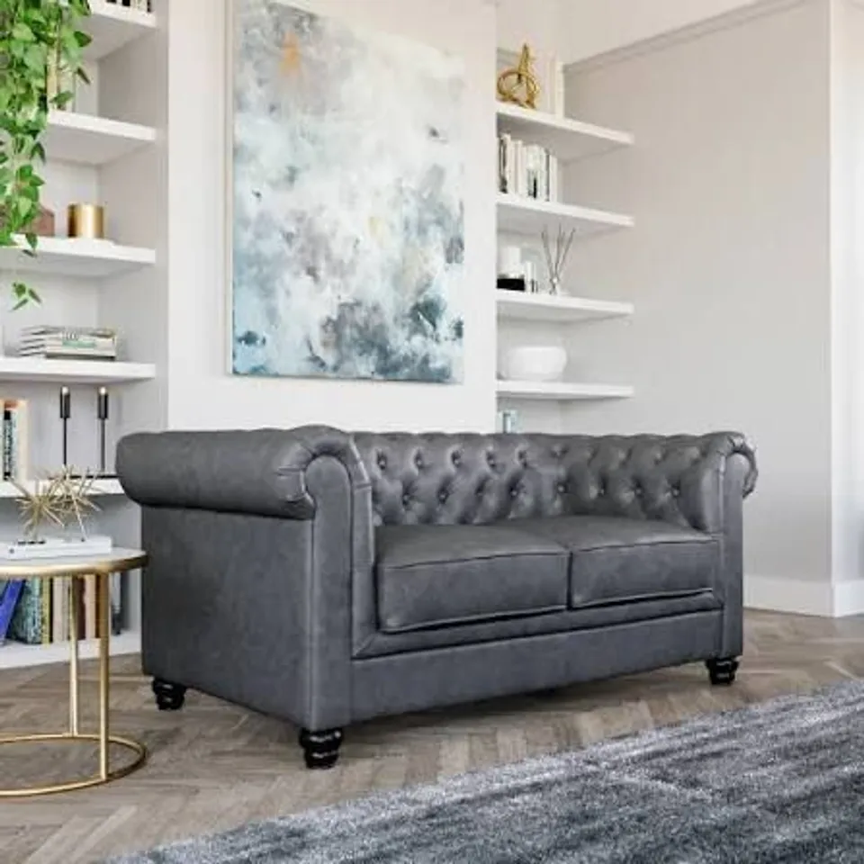 BOXED ALBION 2-SEATER CHESTERFIELD SOFA - GREY PREMIUM FAUX LEATHER