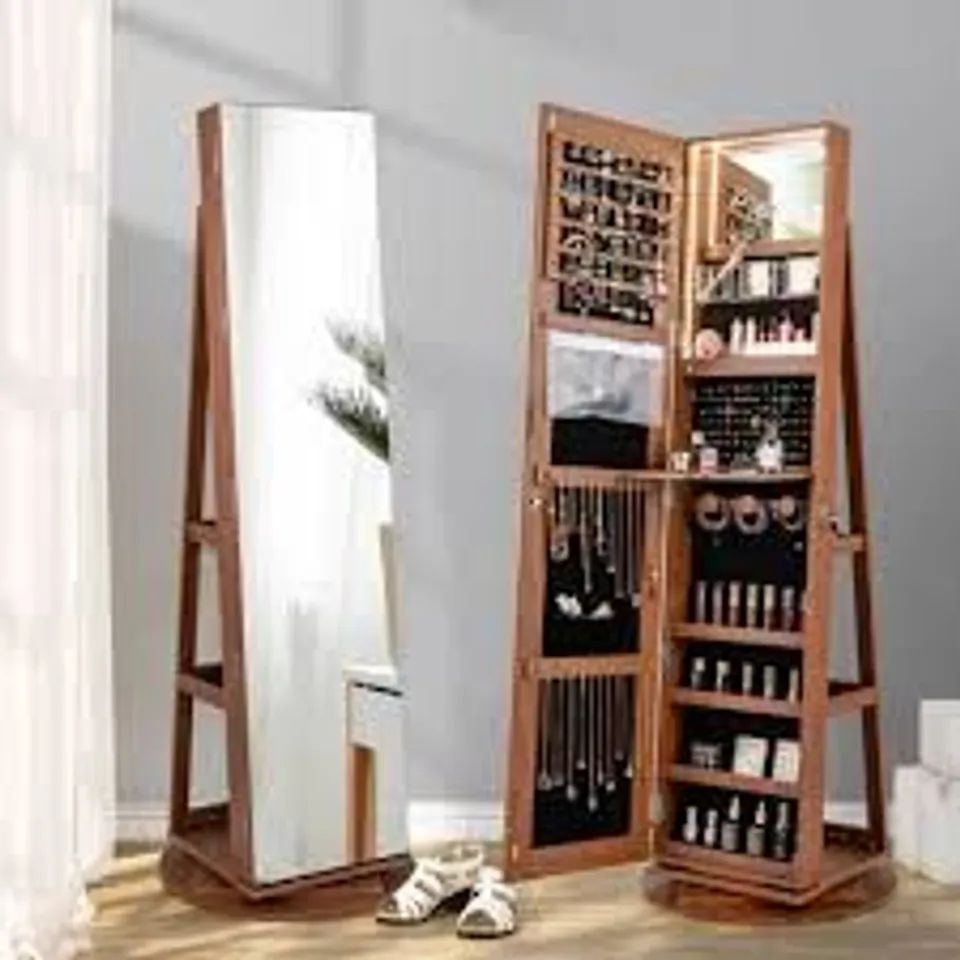 BOXED 360-DEGREE MIRRORED JEWELRY ARMOIRE WITH 3-COLOR AUTO-ON LED LIGHTS - RUSTIC BROWN