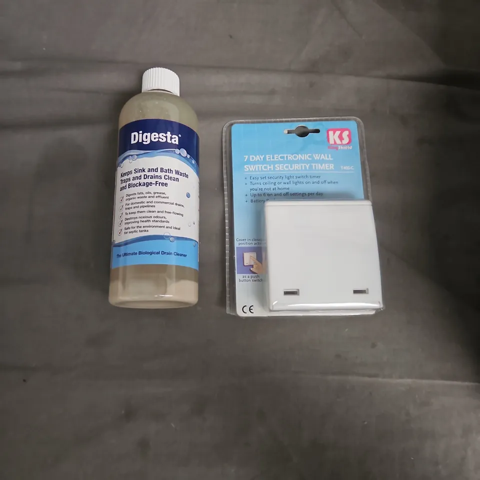 APPROXIMATELY 8 ASSORTED HOUSEHOLD ITEMS TO INCLUDE 7 DAY ELECTRONIC WALL SWITCH SECURITY TIMER, DIGESTA , COFFEE MUGS , ETC 