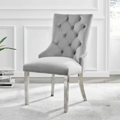 BOXED SET OF 2 BELGRAVIA GREY VELVET SCOOP KNOCKERBACK DINING CHAIRS - GREY VELVET/SILVER LEGS (1 BOX)
