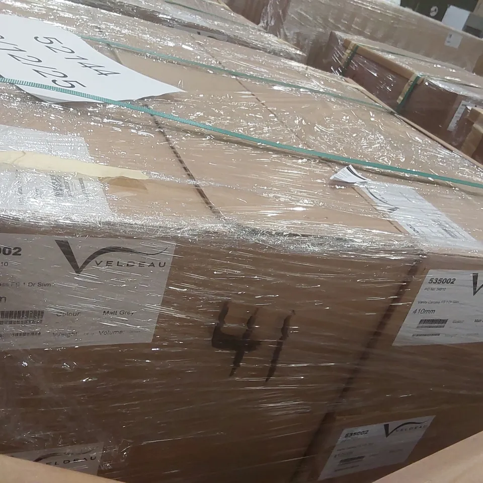 PALLET CONTAINING A LARGE QUANTITY OF ASSORTED BATHROOM FURNITURE PARTS INCLUDING: VELDEAU VANITY CARCASSES ECT