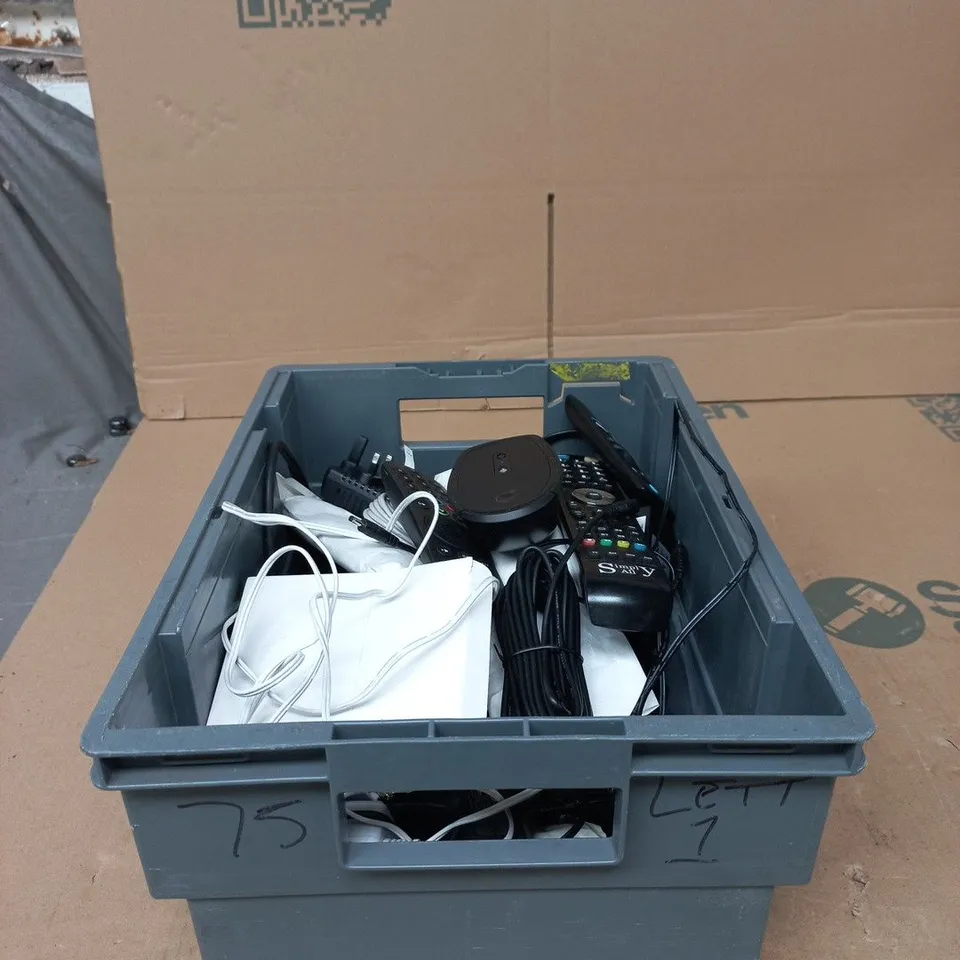 TOTE OF APPROXIMATELY 15 ASSORTED ITEMS TO INCLUDE REMOTE CONTROLS, COMPUTER MICE, CABLES, POWER SUPPLIES ETC