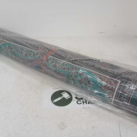 ORIENTAL RUNNER RUG – TURQUOISE/GREEN WITH FLORAL PATTERN - LENGTH UNSPECIFIED 