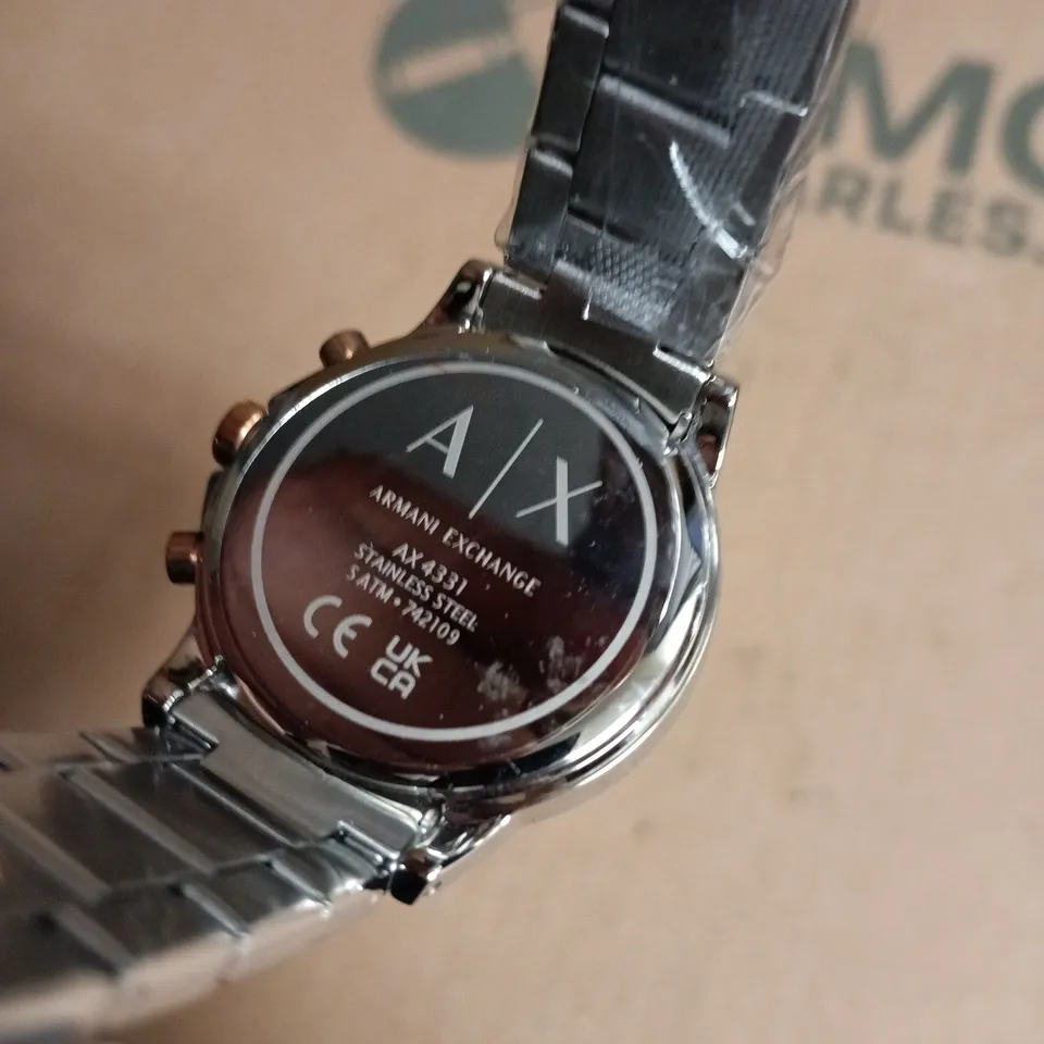 ARMANI EXCHANGE AX CHRONOGRAPH STAINLESS STEEL WATCH – WHITE DIAL, ROSE GOLD ACCENTS