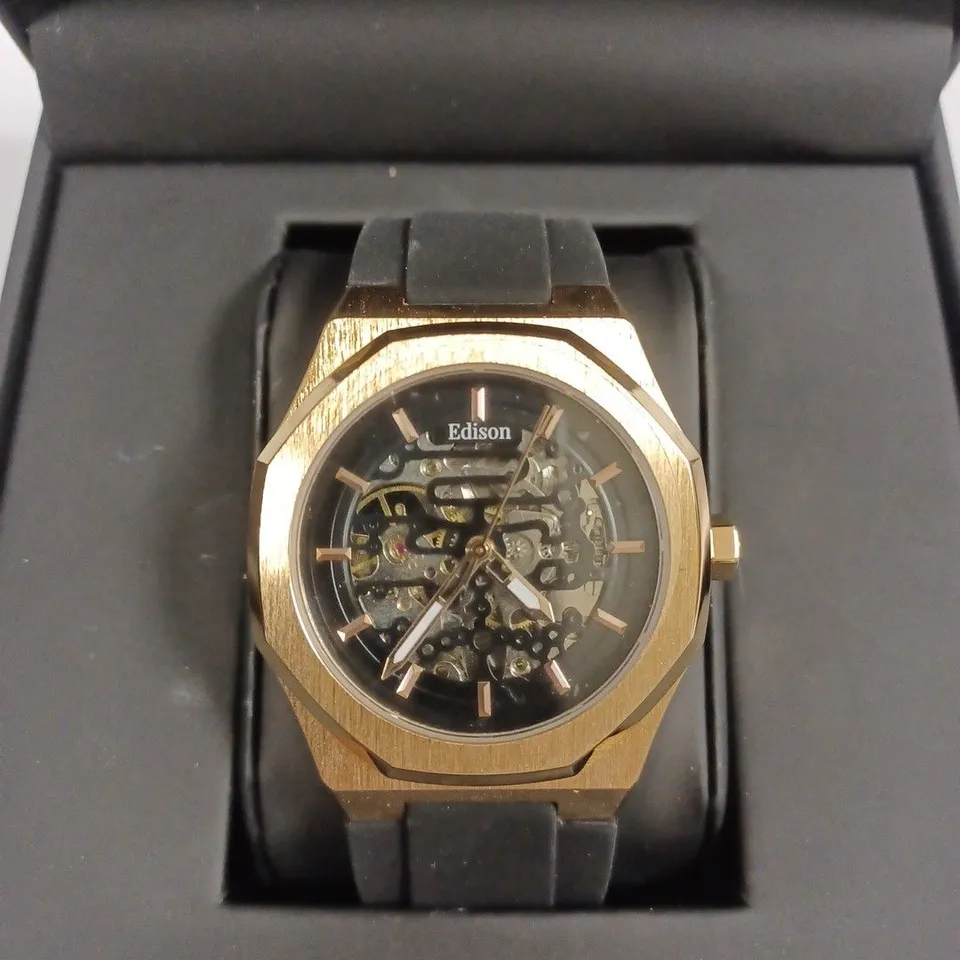 EDISON BRUSHED COPPER FINISH SKELETON BLACK RUBBER STRAP WRISTWATCH