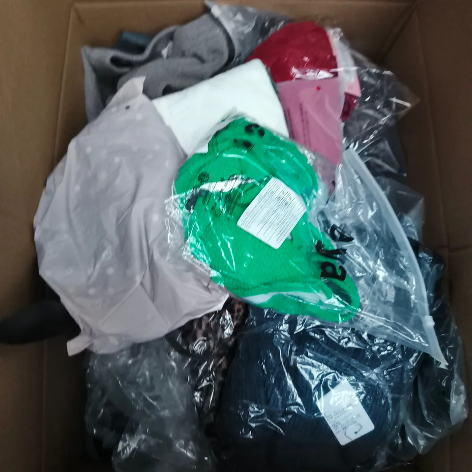 LARGE BOX OF APPROXIMATELY 25 ASSORTED CLOTHING ITEMS IN VARIOUS COLOURS, STYLES AND SIZES - COLLECTION ONLY