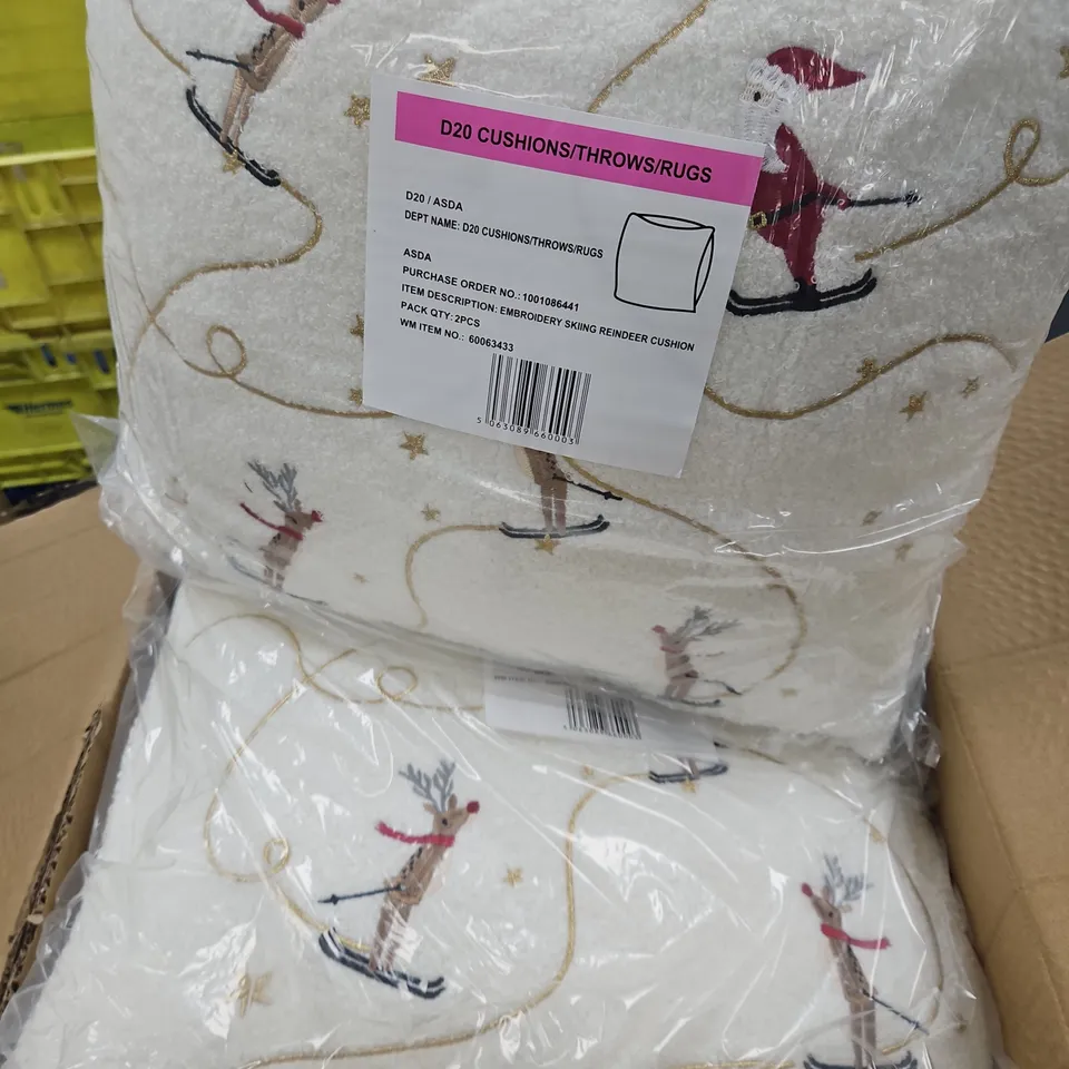 14 EMBROIDERY SKIING REINDEER CUSHIONS IN WHITE MULTI - COLLECTION ONLY