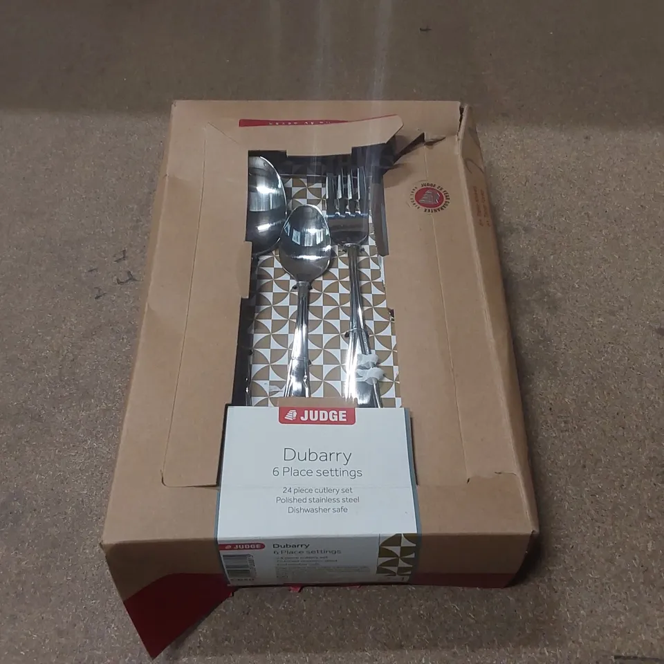 BOXED JUDGE APPROXIMATELY 24 PIECE STAINLESS STEEL CUTLERY SET, DUBARRY PATTERN, TABLE SETTING FOR 6