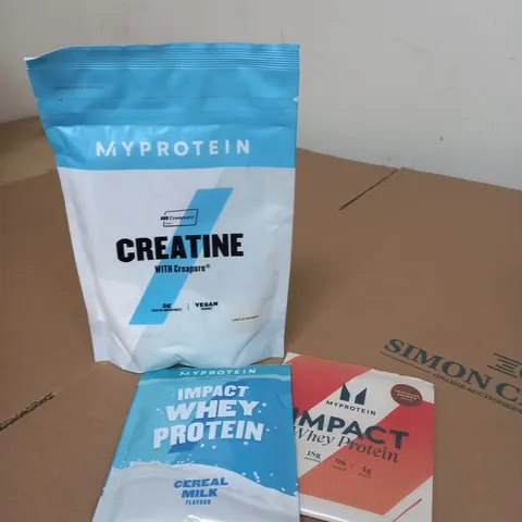 MYPROTEIN CREATINE WITH CREAPURE POWDER AND 2 SAMPLE SACHETS OF WHEY PROTEIN POWDER